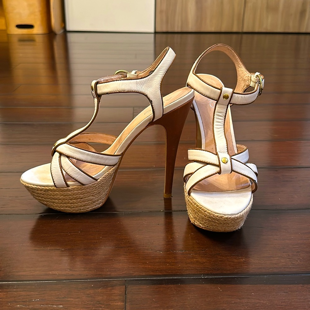 Aldo White with brown trim Raffia Platform strappy sandals size 39
